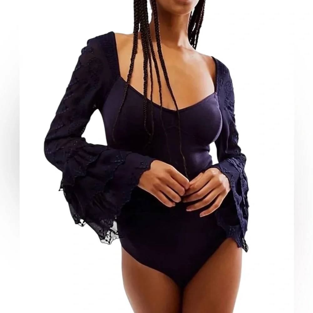 FREE PEOPLE Intimately Enchanted By You Bodysuit Ruffled Eyelet Bell Sleeve Navy